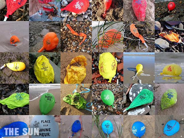 Environmental activists compile images of McDonald’s balloons washing up on coastlines around the world